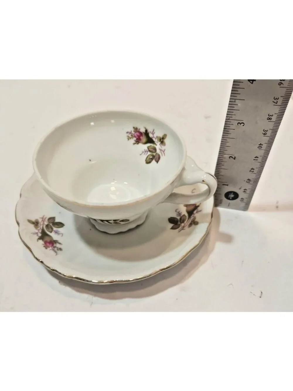 Vintage Japan Tea Cup and Saucer Flower Pink Rose With Gold Tone Rim Set of 3